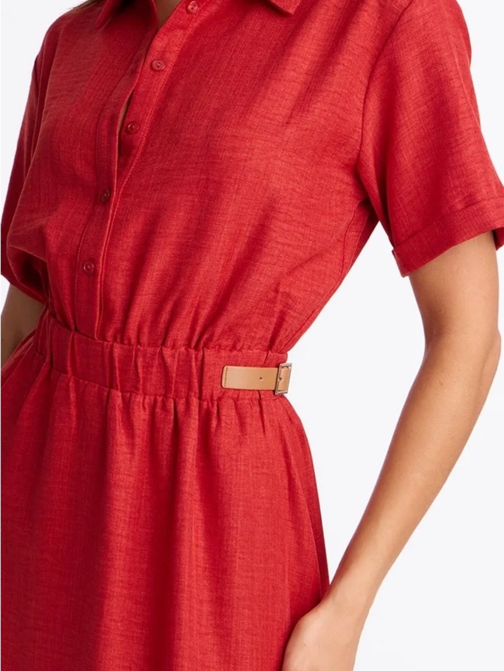 Rust Short-Sleeve Shirt Dress with Side Buckle